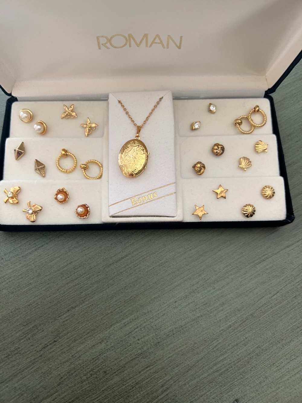 Gold-Tone Multi Earring Set with Locket Necklace